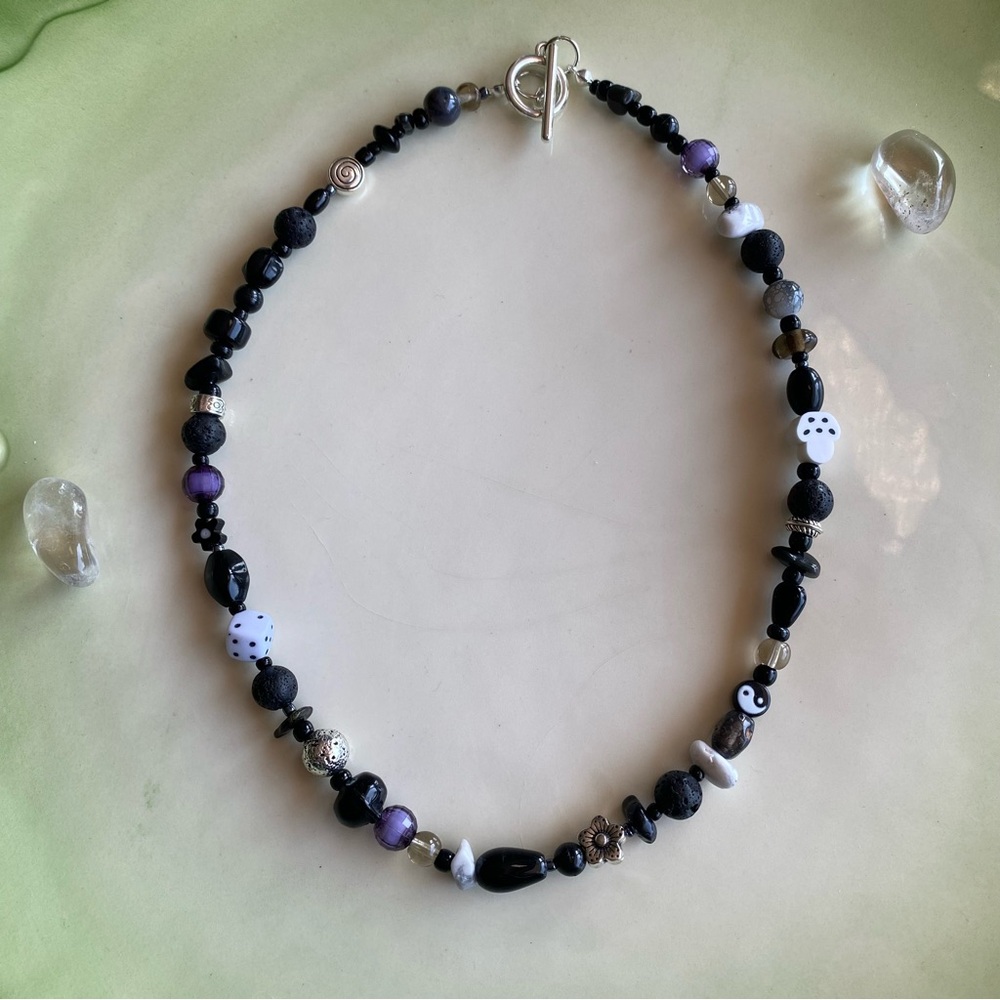 Black & White Beaded Necklace Mushroom Yin Yang Dice Flowers Spiral Silver Mix